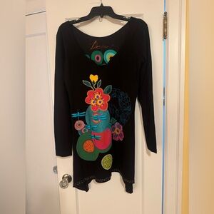 Desigual Brand Black Long Sleeve Dress with Colorful Floral Design